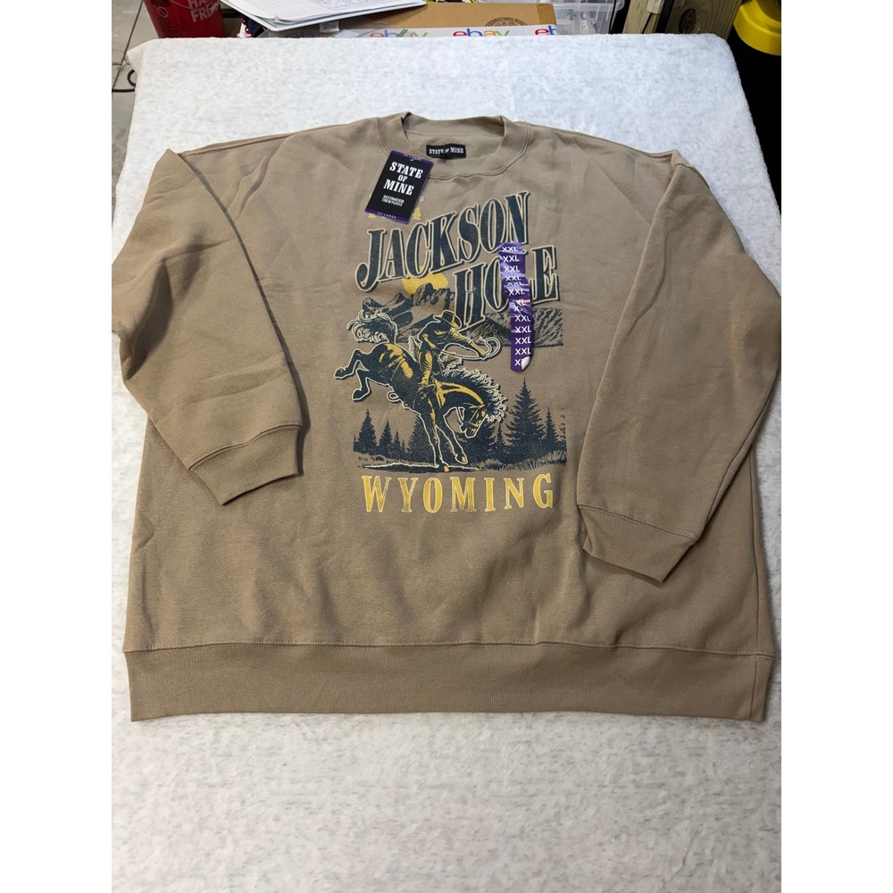 State of Mine Jackson Hole Wyoming Graphic Sweatshirt Mens XXL Taupe Fleece NWT
